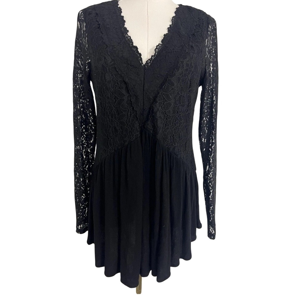 Lace V-Neck Tunic Womens Size M Black Gothic Whimsigoth Boho Long Sleeve Witchy - Picture 2 of 9